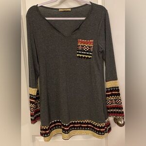 Muisey Tunic Dress Sz M Gray W/Multicolor Design Long Sleeve V-neck Pocket Boho